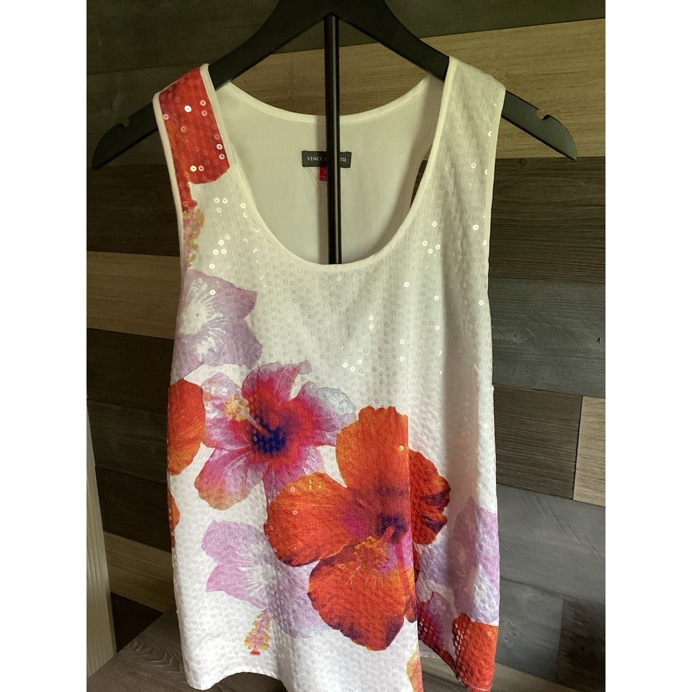 Womens White Floral Sequin Casual Tank Top XS Vince Camuto